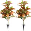 35inch Artificial Croton Plant with Ground Spike, 2 Pack Artificial Plants Outdoors Front Porch, Lifelike Faux Fiddle Leaf Fig Tree for Home Garden Yard Decor