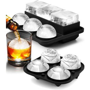 Ice Cube Tray with Lid, Silicone Ice Molds with Round, Square, Diamond, Rose, Large Ice Cube Mold for Whiskey, Bourbon, Cocktails, Easy Release BPA Free, Set of 2 Large