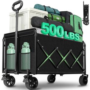 Collapsible Wagons Carts Foldable Heavy Duty, 500LBS Collapsible Wagon Cart Foldable with Wheels & Brakes, Large Folding Wagon Cart Utility for Camping, Picnic, Beach, Grocery, Sport, Shopping (Dark Black)