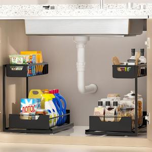 Ceetug Under Kitchen Sink Organizers and Storage Pull Out 2 Tier Metal Bathroom Cabinet Organizer (Black, 2 Pack)
