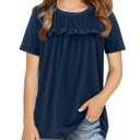 2 x storeofbaby Navy Blue Tops for Girls Tween Short Sleeve Tee Casual Flowy Solid Shirts (Blue, L)