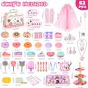 Tea Party Set for Little Girls, 63Pcs Pretend Play Toys, Princess Dress Up Tea Time, Tin Tea Sets for Toddlers 3-5 6 with Dessert, Carrying Case, Kids Kitchen Playset, Birthday Gift for Toddler Girls