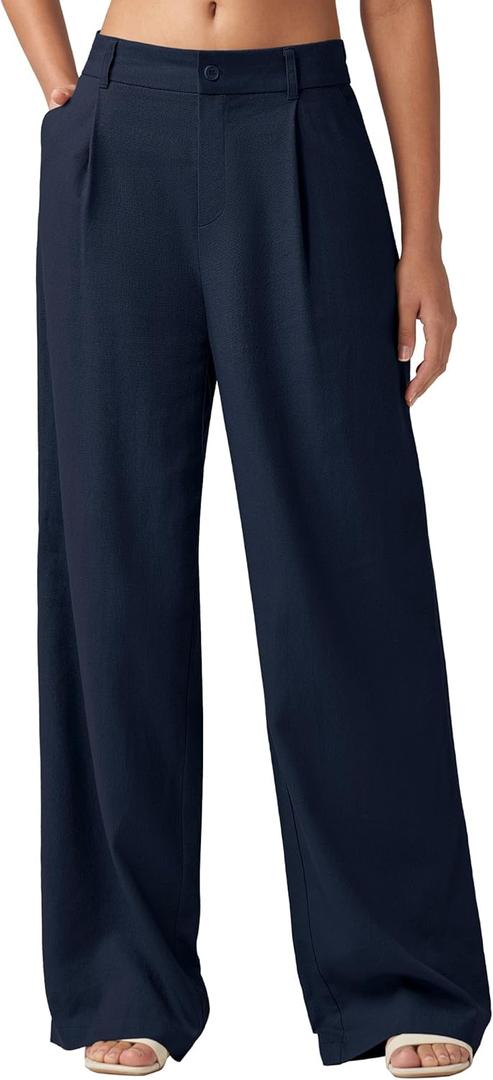 Willit Women's Linen Pants Wide Leg Work Dress Pants Casual Slacks Business Pants with Pockets 29" 31" (XX-Large, Navy Blue)