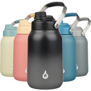 BJPKPK Half Gallon Insulated Water Bottles, 64oz Water Jug with Metal Handle & BPA Free Spout Lid, Dishwasher Safe Flasks, Large Stainless Steel Gym Sport Jugs, Black Grey