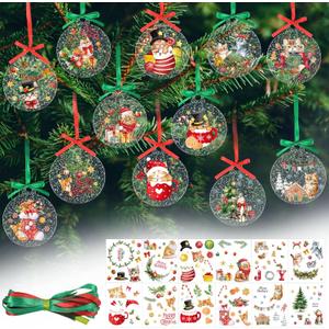 Blosssound Acrylic Christmas Tree Ornaments DIY Christmas Craft Kits Hanging Acrylic Xmas Ball Decorations with Stickers Ribbons for Winter Holiday Party Favors (Red,Cute)