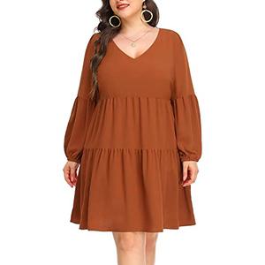 Pinup Fashion Tunic Dress Women Plus Size Fall Long Sleeve Brown Babydoll Shift V Neck Cute Casual Loose Flowy Swing Ruffle Dresses 20W