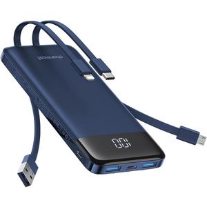 Charmast Portable Charger with Built in Cables, 10000mAh Slim Power Bank, 15W USB C in&Out Port High Speed Charging External Charger, Battery Pack Compatible with iPhone 16 15 13 Samsung Google iPad (Navy)