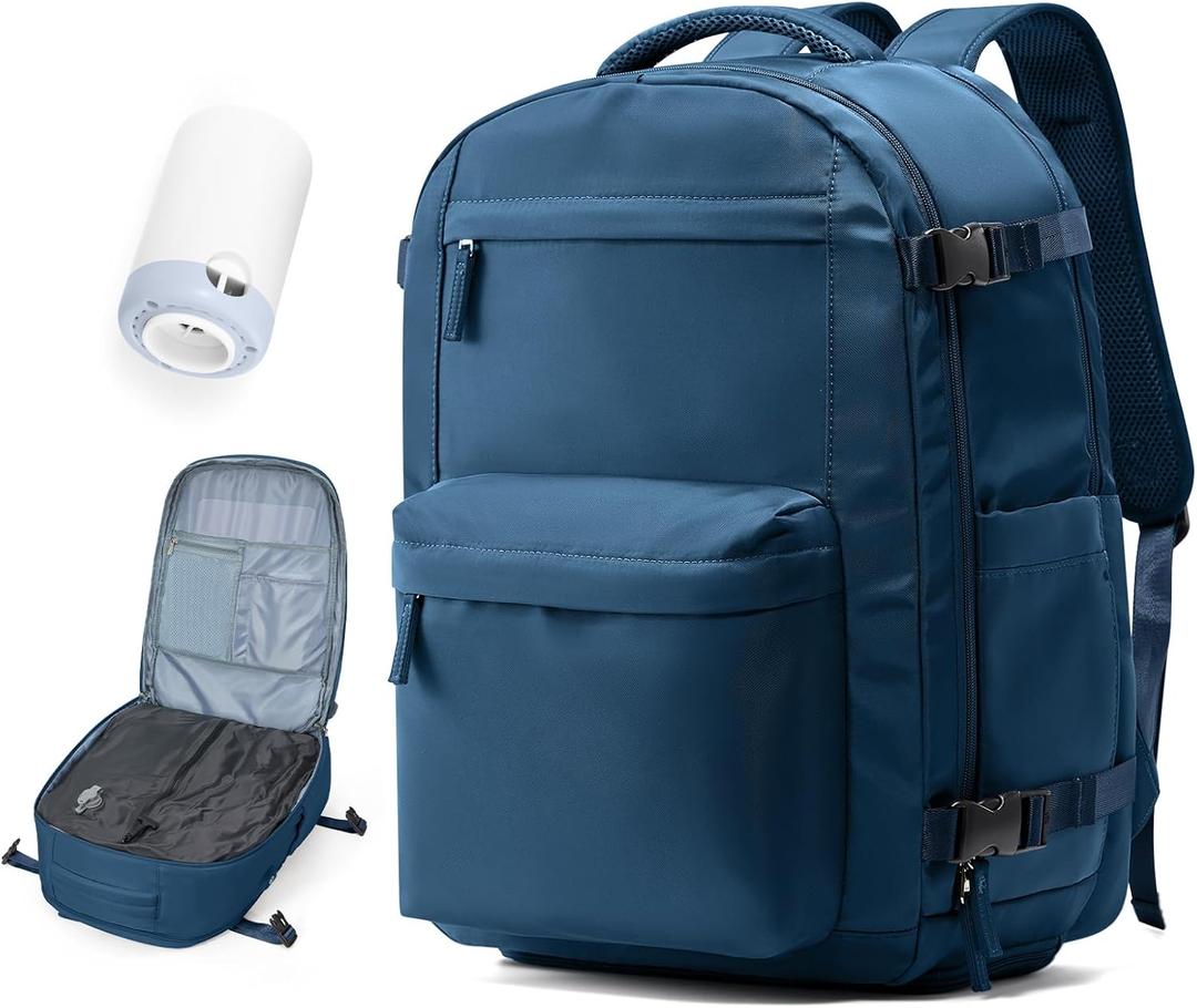 Vacuum Travel Backpack with Pump for Women,Personal Item Carry on Backpacks Flight Approved 18x14x8 inches for Men,Laptop Waterproof Work Compression bags Casual Daypack, Blue