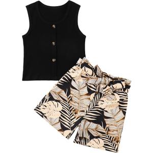 Girls 2 Piece Outfits Summer Sleeveless Ribbed Tank Tops and Floral Shorts Set with Belt Black 13-14 Years
