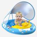 Baby Pool Float with Canopy UPF50+ Sun Protection, Inflatable Kids Pool Floats Infant Swimming Float with Toy Play Console Adjustable Safety Seat for Kids Girls Boys Aged 6-36 Months (Blue)