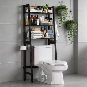 Over The Toilet Storage, Wooden 3-Tier Over-The-Toilet Rack Bathroom Space Saver Organizer, Freestanding Above Toilet with Toilet Paper Holder and Hooks（Black）