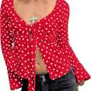 Women Y2k Polka Dot Bow Tie Front Split Hem Peplum Crop Tops Coquette Sweetheart V Neck Long Sleeve Fall Shirts (Red, S)