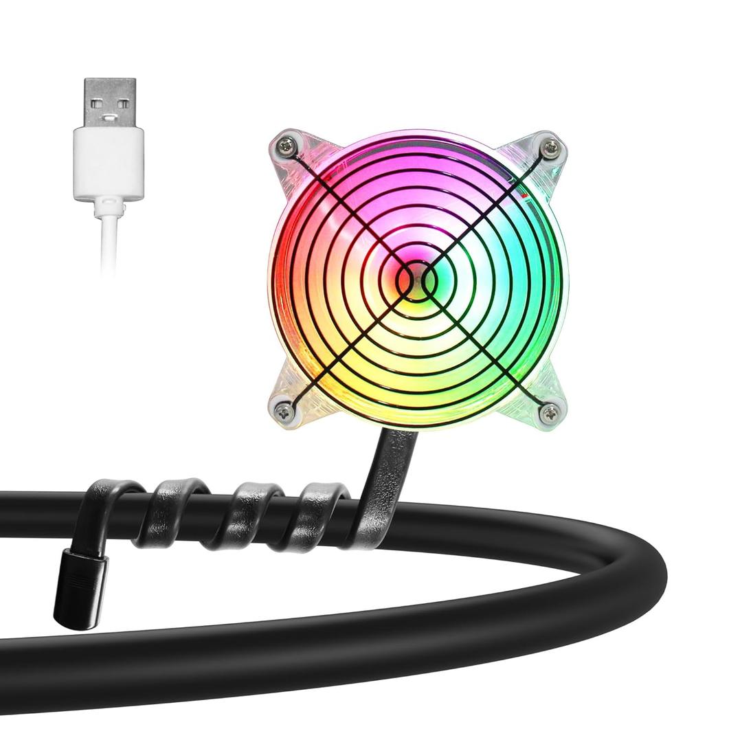 120mm 4.72in 5V USB Gooseneck Twist Mount Holder Fan Flexible Small Cooling RGB Fan for Camping Desk Metal Pole (Multicolored)