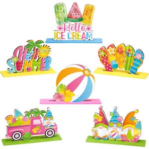 Bememo 6 Pcs Hello Summer Table Decorations Sign Summer Gnome Wooden Table Centerpieces Beach Hawaii Table Decor Ice Cream Colorful Table Topper Sign for Summer Pool Tropical Party Supplies