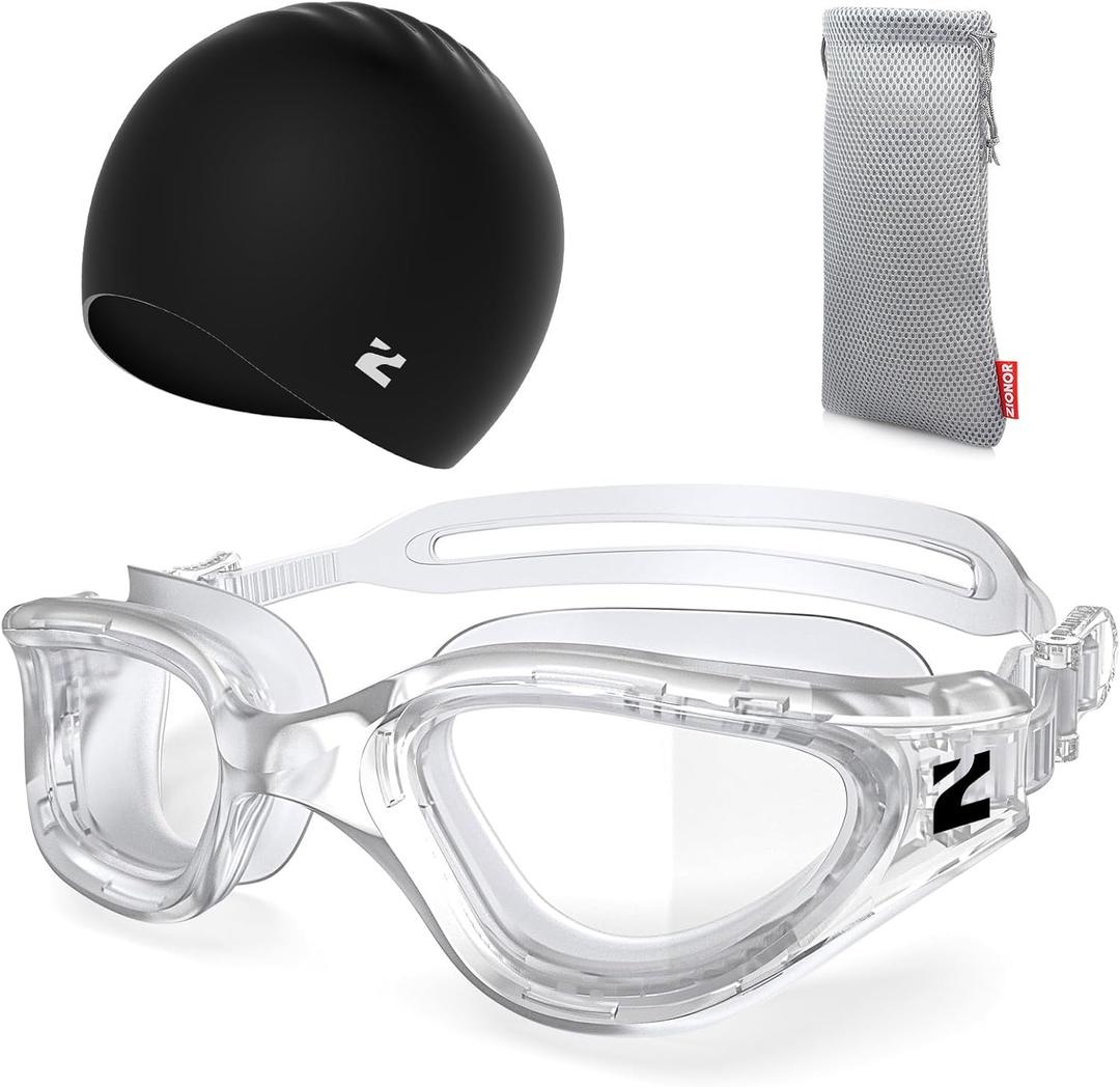 ZIONOR G1 Lite Swim Goggles with Swim Cap Comfortable Anti-fog Swimming Goggles Cap Set for Adult Men Women (One Size, A2(allclear+c5 Black))