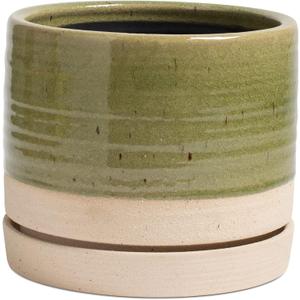 8 Inch Pots for Plants, Ceramic Planter Pot with Drainage Hole & Saucer, Indoor/Outdoor Cylinder Round Planter Pot, Green & Beige (Medium)