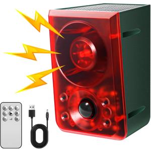 Solar Outdoor Motion Sensor Alarm - Dog Barking & Gunshot Sound, Support Recording and Volume Adjustment, 130dB Noise with Flashing Light to Deter Raccoon, Deer, Skunk, Bear, Coyote