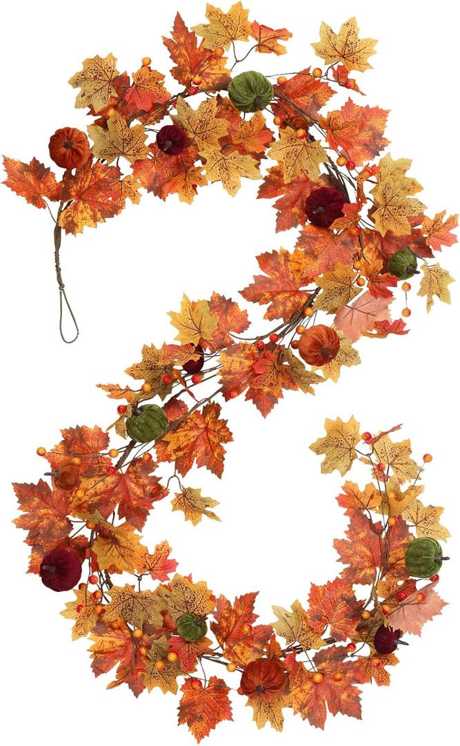 RoseCraft Fall Garland, 6FT Autumn Maple Leaf Velvet Pumpkin/Berry Garland Fall Decor, for Home Harvest Thanksgiving Fireplace Front Door Indoor Outdoor Holiday Party Decorations.