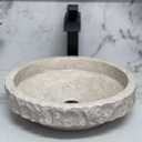 Round Travertine Vessel Sink, Natural Stone Wash Basin, Hand-Carved Bathroom Sink, Chiseled Exterior, Polished Interior, Above Counter Vanity (Soap Tray Included), Medium