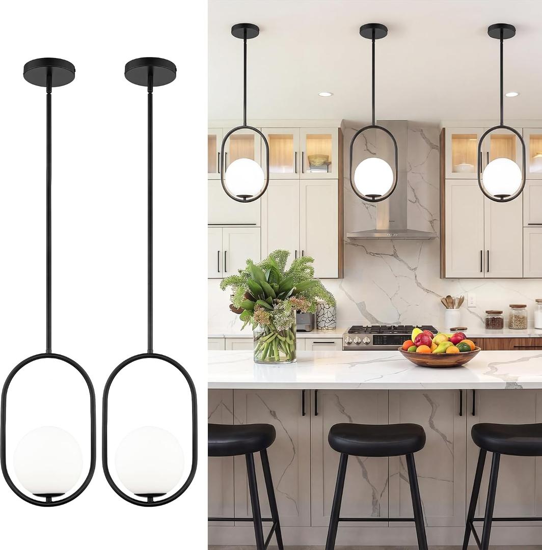 AUTELO 2 Pack Pendant Lights Kitchen Island, Matte Black Glass Pendant Lights with Milky White Globe Hanging Lamp, Adjustable Rods for Kitchen Bar Dining Room, H9376 MGBK-2PK, 13.8" H