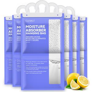 CLEVAST Moisture Absorbers Packets - 15.2 OZ, 6 Pack, Lemon Fragrance Big Dehumidifier Bags for Closet, Hanging Humidity Absorber in Wardrobes, Bedrooms, Bathrooms
