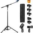 Mic Stand with Boom Arm, Heavy Duty Tripod Microphone Stand Floor Holder Height Adjustable with Carrying Bag and 2 Mics Clips for Singing Performance, Home Studio Recording, Podcast and Stage