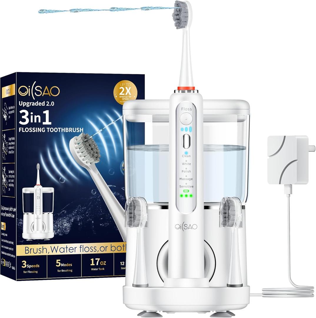 Electric Toothbrush with Water Flosser Combo in One, Professional Flossing Toothbrush for Teeth Cleaning and Flossing, Plaque Removal, Rechargeable,5 Brush Modes & 3 Flossing Speeds,500ML,White