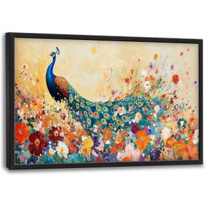 Large Peacock Framed Wall Art Peacock Floral Canvas Wall Decor Pictures Print Painting Artwork Modern Home Decorations for Living Room Bedroom Office 36 x 24 inch