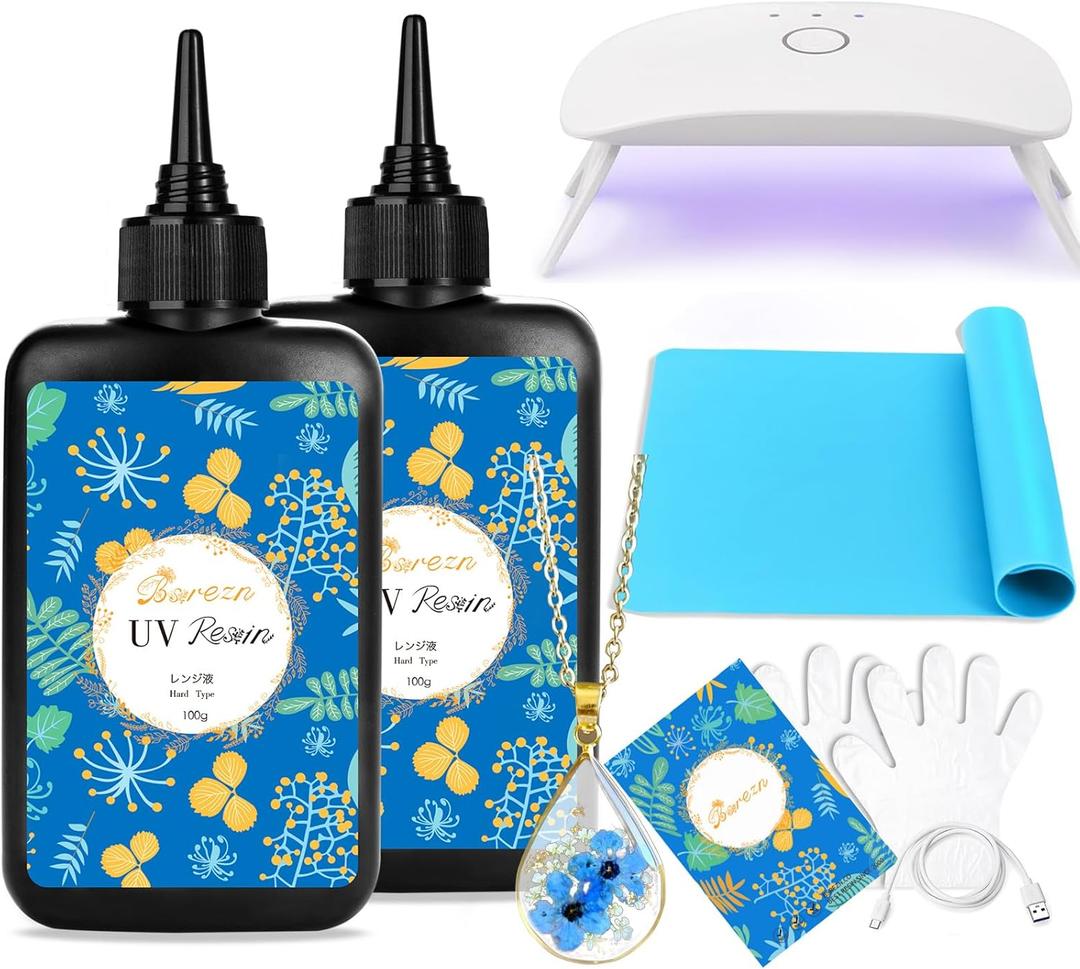 Bsrezn 200g UV Resin Kit with Light, Crystal Clear Solar Activated UV Epoxy Resin for Jewelry Making (100g x 2)