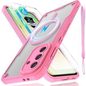 for Samsung Galaxy A56 Case with Magsafe Magnetic Slim Shockproof Protective Case,Translucent Matte Back with Lanyard Strap and 2*9H Tempered Glass Screen Protector Phone Cover 6.7-Inch-Pink