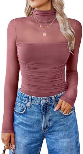 Avidlove Women Long Sleeve Bodysuit Turtle Neck Shapewear Body Suits Mesh One Piece Leotard Shirt Going Out Tops Fall Outfits, Medium, Purple 
