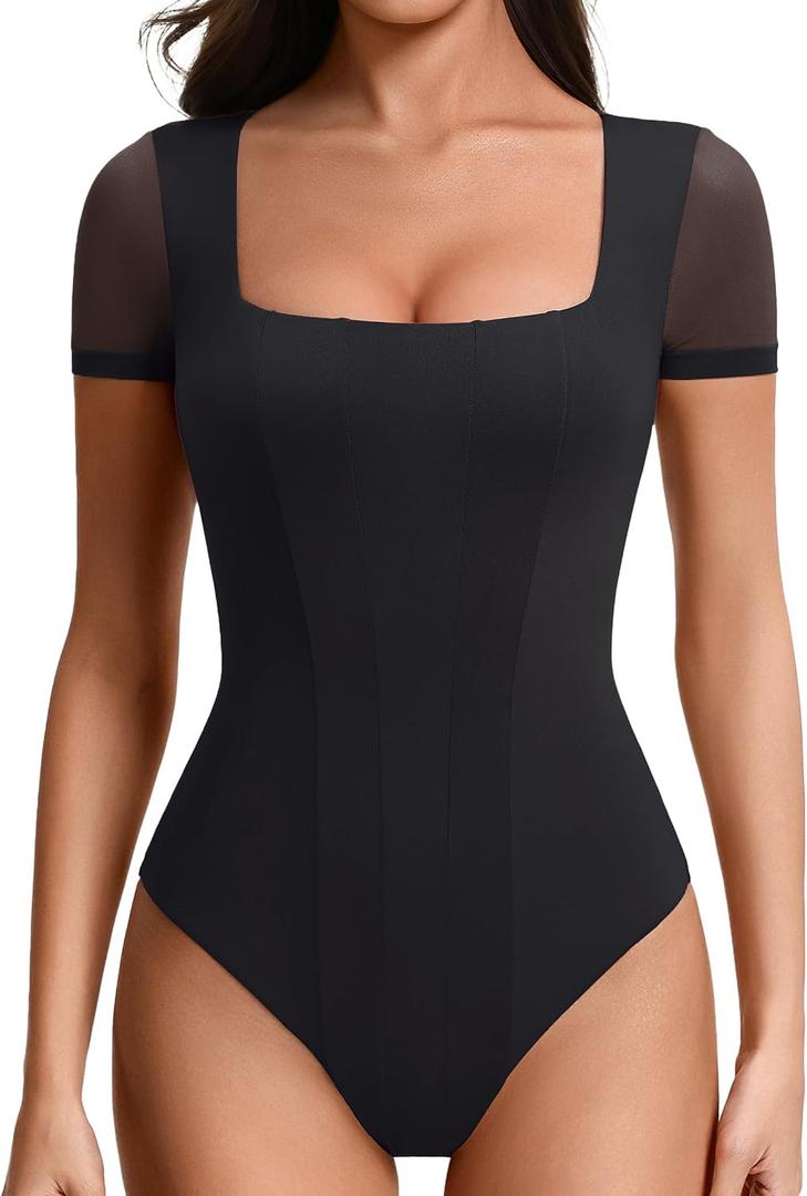 Avidlove Women's Short Sleeve Bodysuits Sexy Square Neck Body Suit Mesh Double Lined Tshirt Leotard Tops Going Out