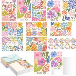 Motiskyy 50 Set Spring Floral Thank You Cards with Envelopes and Stickers, Appreciation Greeting Blank Note Cards for Bridal Birthday Teacher Baby Shower Employee Spring Party