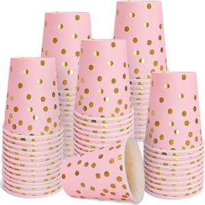 Pink and Gold Paper Cups,9 oz Pink Disposable Cups,Gold Foil Dot Paper Cups for Birthday Wedding Party Supplies(50 Pcs)