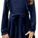 Yoklass Girls Dress Long Sleeve Ruffle Elegant Flowy Swing Dresses with Belt 4-13 Years (10-11 Years, A Navy Blue)