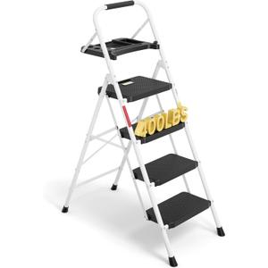 BONTEC 4-Step Ladder, 400lbs Max Load, Folding Step Stool with Tool Tray, Anti-Slip Pedals, Sturdy Steel, Lightweight Portable Ladder with Handrail for Home & Work Use, White