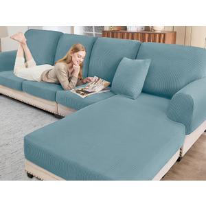 Sectional Couch Covers for Sofa Cushion L Shaped Couch Cover Washable Soft Couch Cushion Covers Stretch Sofa Slipcovers with 2 Pcs Pillowcases(3-Piece 2 Seater + 1 Chaise, Blue)
