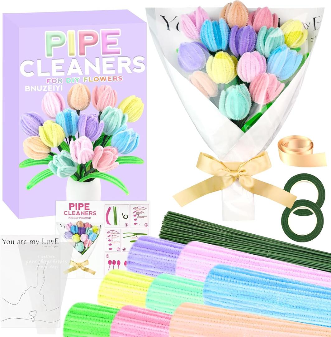 Pipe Cleaners Craft Kit 8 Assorted Colors Pipe Cleaners Bulk Flower Making Kit Chenille Stems DIY Arts and Crafts Supplies for Kids Adults Creative Bouquet Festival Home Decor Toys Gifts, Tulip