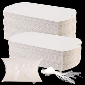 SEUNMUK 150 Pack 5.1 x 3.5 Inches Pillow Boxes, Kraft Paper Gift Boxes with Ribbon, White Pillow Candy Box Gift Box Party Wedding Favor for Anniversary, Birthday, Shower, Halloween
