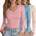 3 Pack Women's Long Sleeve Shirts V Neck Fitted Crop Tops Basic Tight Stretchy Tees Lightweight Layering Clothes (X-Large, Pink, Blue, Apricot)