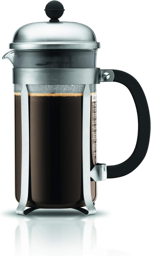 Bodum 34oz Chambord French Press Coffee Maker, High-Heat Borosilicate Glass, Brushed Stainless Steel  Made in Portugal (Matte Chrome)