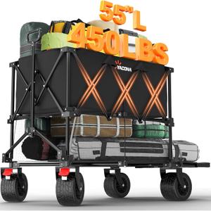 400L Large Double Decker Wagon Collapsible, 450lbs Beach Wagons Carts Foldable Heavy Duty, 55" Extended Utility Folding Cart for Camping, Garden, Sports, Grocery, Shopping (Black)