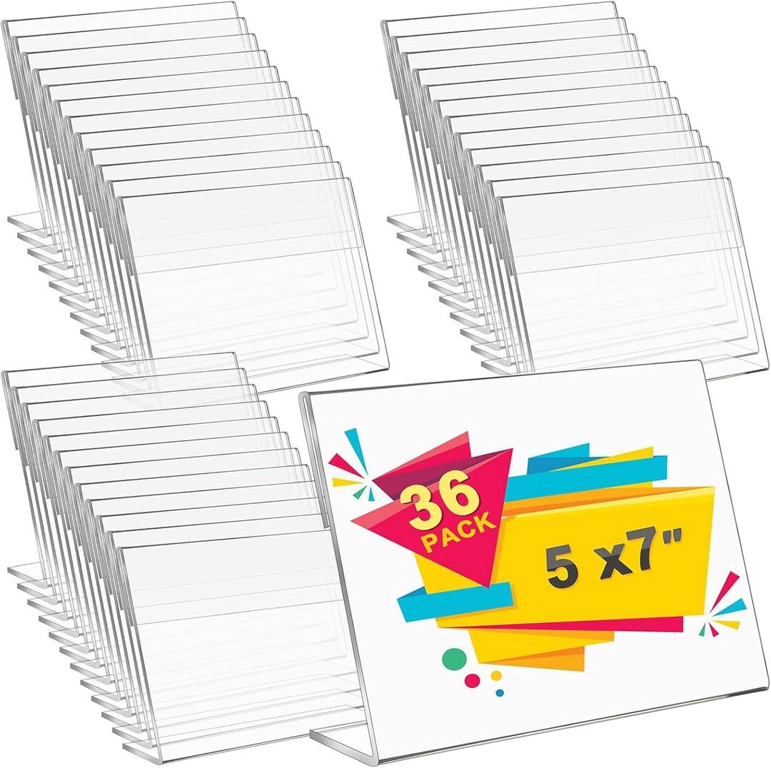 36 Pack Acrylic Picture Frame 5 x 7 Inch Display Stands Sign Holder Photo Booth Slanted Back Clear Self Standing Horizontal Stand L Shape Photo Frame for Collage Landscape Home Office Restaurant