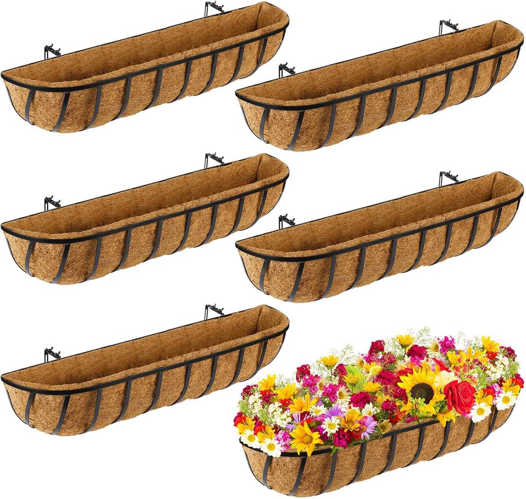 Tessco for you 6 Pieces Railing Planter Boxes, 30 Inches Window Box Planters with Coco Liner and Adjustable Brackets for Deck Porch Fence Patio Balcony Gardening Outdoor Plants
