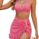 Blooming Jelly Women's High Waisted Bikini Sets Tummy Control Swim Skirt Two Piece Swim Suit 2025 Retro Swimsuit(Red White Plaid, X-Small)