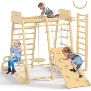 Upgraded Indoor Jungle Gym 9-in-1 Playground Kids Climbing Toys, Montessori Philosophy Waldorf Style Wooden Climber Playset with Slide, Swing, Monkey Bars, Upright/Rope Ladder, Climb Net, Natural Wood