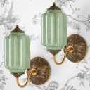 Vintage Gold Milk Glass Wall Sconce, Wall Light Set of Two - Vintage Green Shade & Brass Finish Base, Indoor Hardwired Wall Lighting Fixture for Foyers, Bedroom, etc (Bulbs Included)- Green