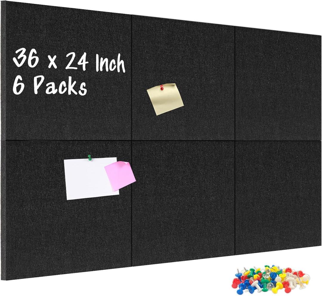 DOLLAR BOSS Felt Cork Board Tiles, 6 Packs 12" x 12" 1/2" Thick Cork Bulletin Board Self Adhesive Acoustic Panels Soundproof Corkboards for Walls with 60 Pushpins for Home Office Kitchen School, Black