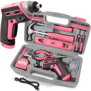 Hi-Spec 35-Piece Tool Kit with 3.6V USB Small Electric Screwdiver Set, Pink Drill Set for Women, Tool Kit for Home