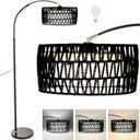 Arc Floor Lamp for Living Room, Stylish Rattan Boho Floor Lamp with 3 Color Temperature Dimmable LED Bulb, Farmhouse Tall Lamp, Arched Standing Lamp for Office Bedroom Living Room Corner (Black)
